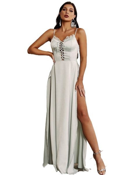 lace-up front lace detail slit thigh formal dress i2zi#, Black;gray