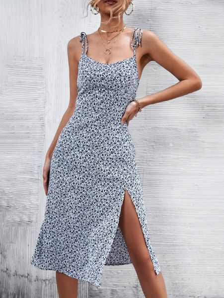 knot shoulder ditsy floral print split thigh cami dress v7cg#, Black;gray