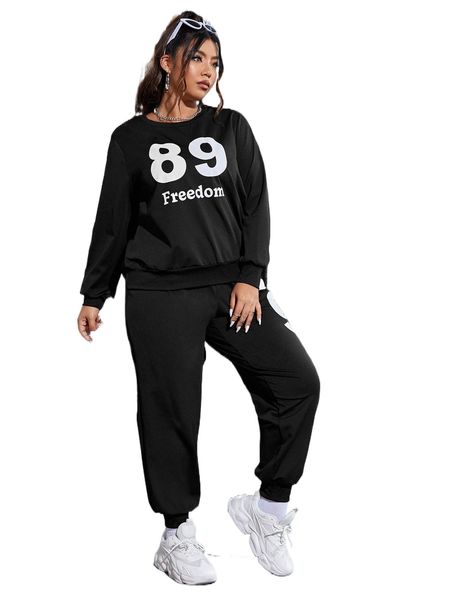 plus letter graphic sweatshirt & sweatpants t1cw#, Black