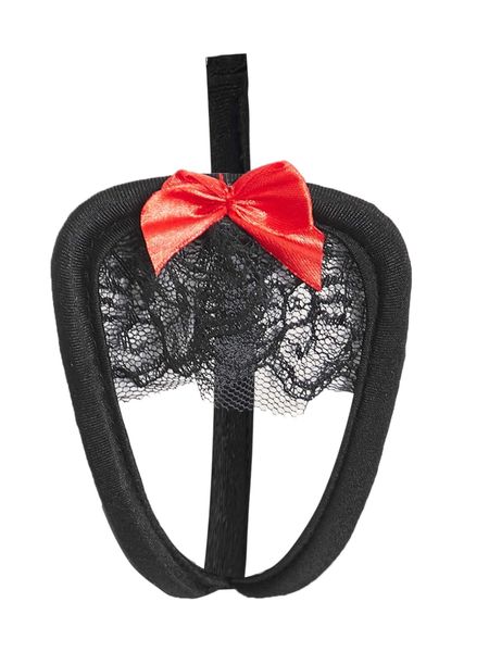 contrast lace bow front thong t2si#, Black;red