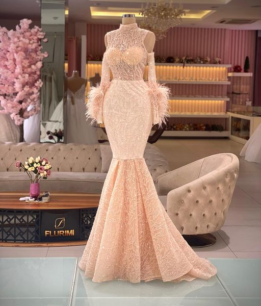 luxury beading pink mermaid prom dresses high neck long sleeve sequined evening dress feather black girls party gowns
luxury beading pink mermaid prom dresses high neck long sleeve sequined evening dress feather black girls party gowns