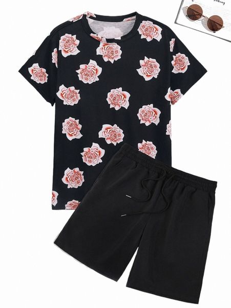 men floral print tee & shorts z3hs#, Gray