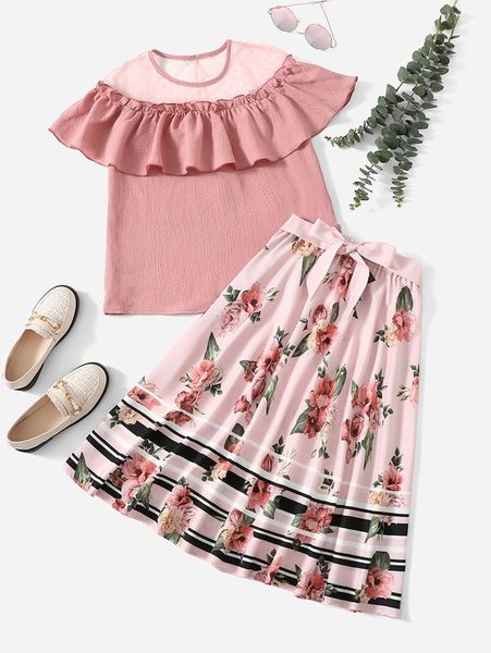 girls ruffle trim & floral print bow front skirt she, White 
girls ruffle trim & floral print bow front skirt she, White