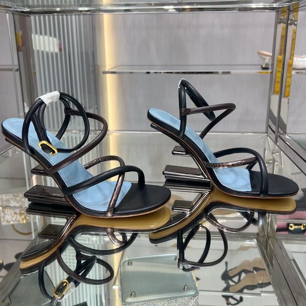 2022 catwalk models cross strap sandals metal color diagonal f-type leather women's high heels with box, Black
2022 catwalk models cross strap sandals metal color diagonal f-type leather women's high heels with box, Black