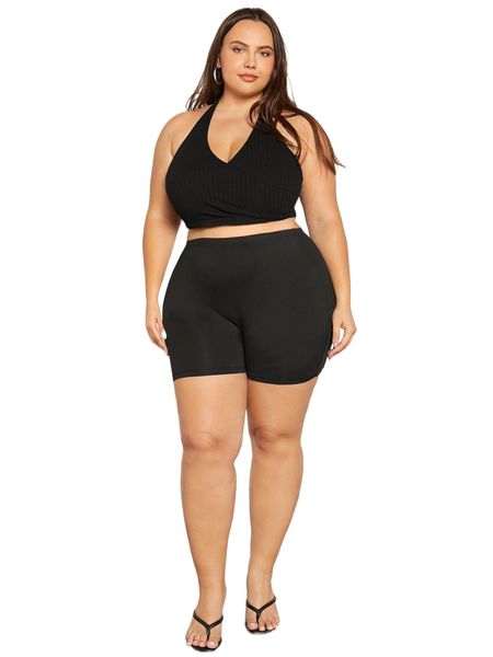 evolu plus solid high waist biker shorts v5vh#, Black