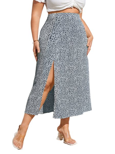 plus ditsy floral slit skirt 97sw#, Black