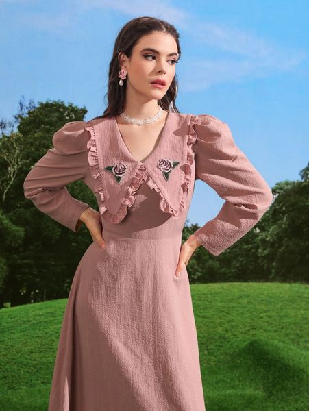 embroidery appliques ruffle trim leg-of-mutton sleeve dress 84nq#, Black;gray
embroidery appliques ruffle trim leg-of-mutton sleeve dress 84nq#, Black;gray