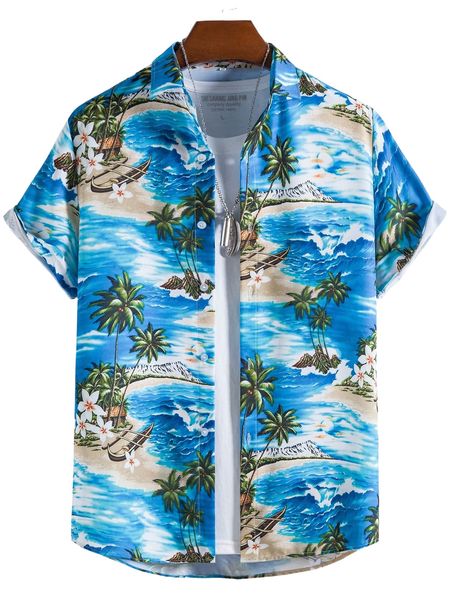 men 1pc allover tropical print shirt l4xw#, White;black