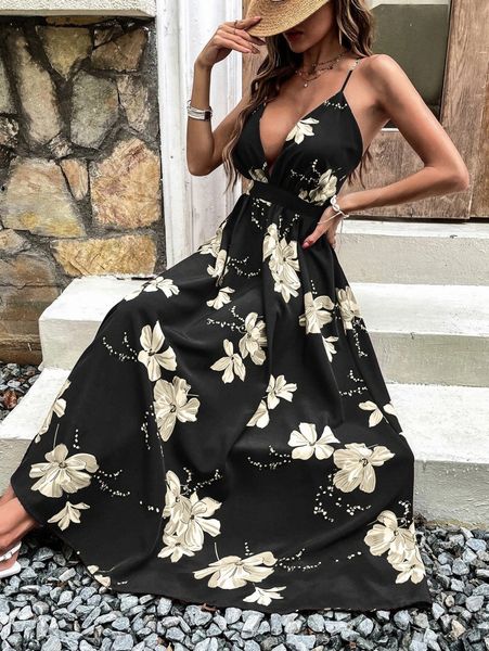 floral print criss cross backless dress l67x#, Black;gray
floral print criss cross backless dress l67x#, Black;gray