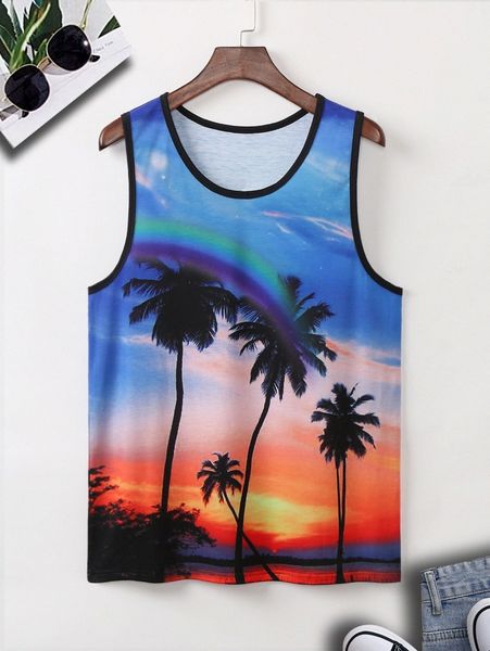 men rainbow & coconut tree print contrast binding tank 42um#, White;black 
men rainbow & coconut tree print contrast binding tank 42um#, White;black
