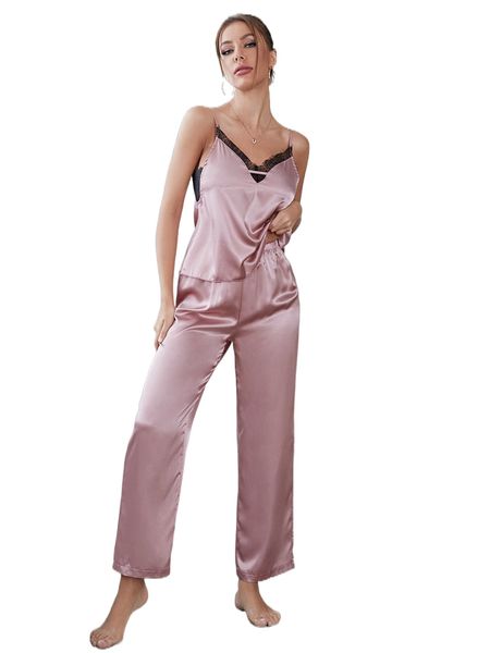 lace trim cami & pants satin pj set o7we#, Black;red
lace trim cami & pants satin pj set o7we#, Black;red