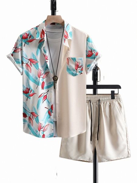 men floral print patched pocket shirt & drawstring waist shorts without tee m66f#, Gray
men floral print patched pocket shirt & drawstring waist shorts without tee m66f#, Gray