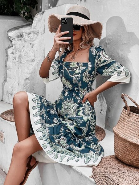 floral square neck ruffle hem dress 25ht#, Black;gray