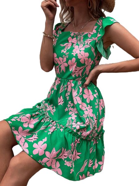 floral print ruffle hem dress x2cf#, Black;gray
floral print ruffle hem dress x2cf#, Black;gray