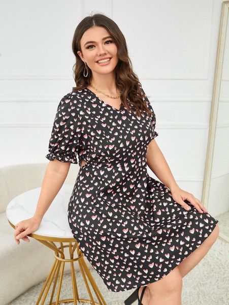 plus allover heart print puff sleeve cut out dress w38j#, Black