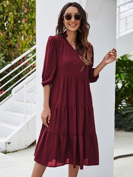 solid bishop sleeve babydoll dress k3um#, Black;gray