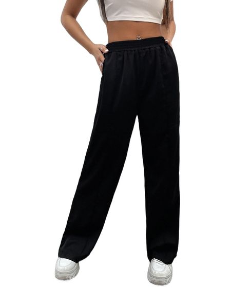 slant pocket elastic waist pants y1kf#, Black;white 
slant pocket elastic waist pants y1kf#, Black;white