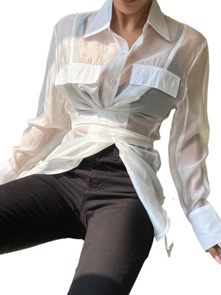dazy flap detail button front tie back blouse l5jt#, White