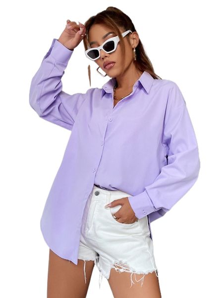 solid drop shoulder button up oversized shirt o2dt#, White