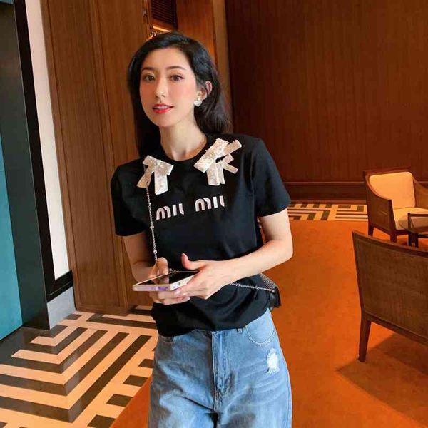 summer new round neck hand nailed bead bow letter printed short sleeve t-shirt blouse, White
summer new round neck hand nailed bead bow letter printed short sleeve t-shirt blouse, White