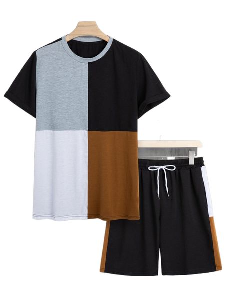 men colorblock tee & drawstring waist shorts q5rc#, Gray 
men colorblock tee & drawstring waist shorts q5rc#, Gray