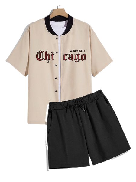 men letter graphic baseball collar shirt & drawstring waist shorts without tee 278b#, Gray
men letter graphic baseball collar shirt & drawstring waist shorts without tee 278b#, Gray