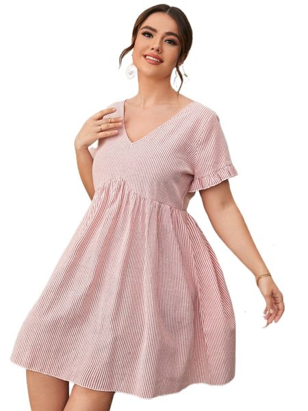 plus striped print ruffle trim smock dress o4pk#, Black
plus striped print ruffle trim smock dress o4pk#, Black