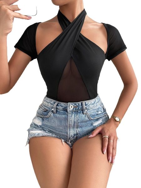 contrast mesh cross wrap tie back bodysuit h444#, White 
contrast mesh cross wrap tie back bodysuit h444#, White