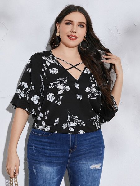 plus floral print crisscross layered sleeve blouse a38a#, Black
plus floral print crisscross layered sleeve blouse a38a#, Black