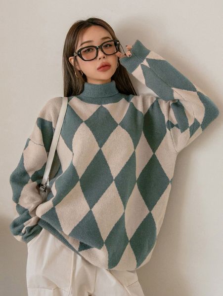 dazy argyle pattern turtleneck drop shoulder oversized sweater a8hn#, White;black
dazy argyle pattern turtleneck drop shoulder oversized sweater a8hn#, White;black