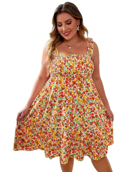 plus allover floral print shirred ruffle hem cami dress 9045#, Black
plus allover floral print shirred ruffle hem cami dress 9045#, Black