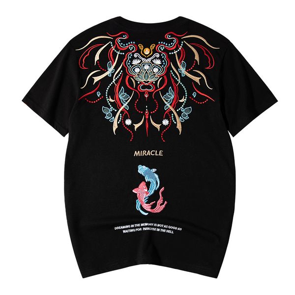 chinese style koi embroidery cotton short sleeve t-shirt men's loose trend, White;black
chinese style koi embroidery cotton short sleeve t-shirt men's loose trend, White;black