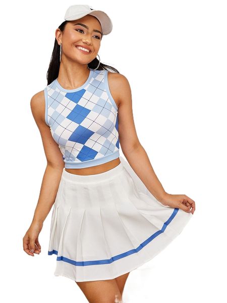 argyle print tank & pleated skirt set c3hy#, White
