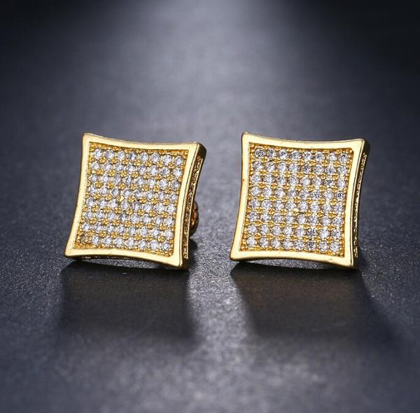 14k plated gold stud square micro diamond thread earrings female ruili versatile, Golden;silver
