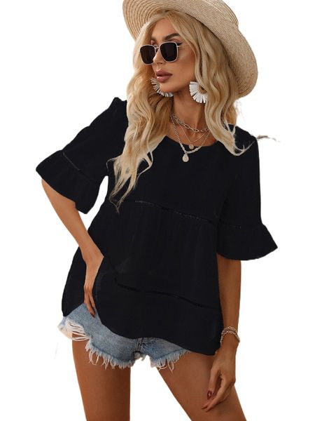 guipure lace insert flounce sleeve ruffle hem blouse v4sw#, White
guipure lace insert flounce sleeve ruffle hem blouse v4sw#, White