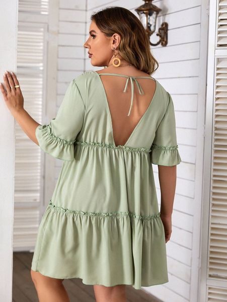 plus flounce sleeve tie back dress s2gc#, Black