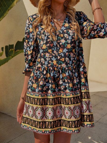floral & paisley print lantern sleeve ruffle hem smock dress w9yl#, Black;gray