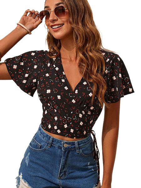 floral print butterfly sleeve wrap tie side crop blouse 95y7#, White
floral print butterfly sleeve wrap tie side crop blouse 95y7#, White