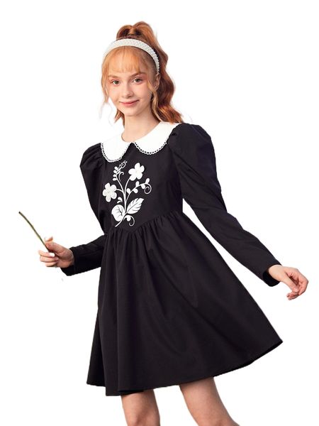 teen girls floral print peter-pan collar puff sleeve dress p5bl#, Black;white 
teen girls floral print peter-pan collar puff sleeve dress p5bl#, Black;white