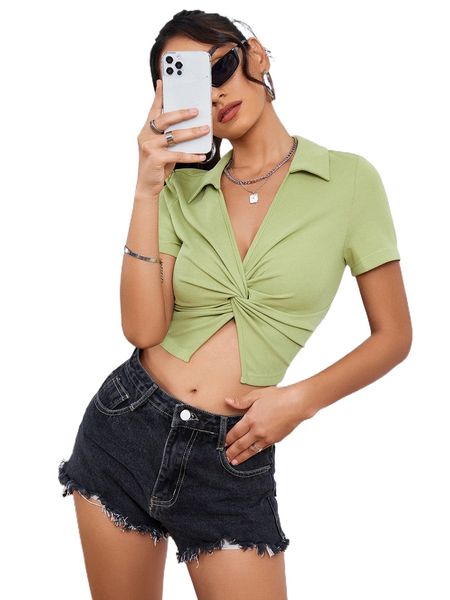 twist front rib-knit crop tee d6hb#, White 
twist front rib-knit crop tee d6hb#, White