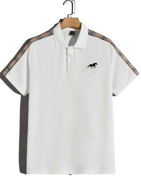 men horse print contrast plaid side seam polo shirt 52pd#, White;black 
men horse print contrast plaid side seam polo shirt 52pd#, White;black