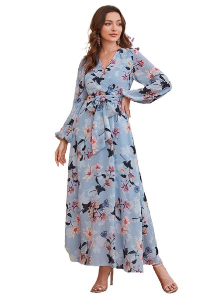 floral print lantern sleeve belted dress e3nk#, Black;gray
floral print lantern sleeve belted dress e3nk#, Black;gray