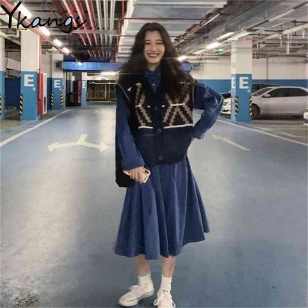 vintage 2pcs set women plus size blue loose long dresses printed buttons sweater vest suit girls sleeve dress robe vestido 210421, White
vintage 2pcs set women plus size blue loose long dresses printed buttons sweater vest suit girls sleeve dress robe vestido 210421, White