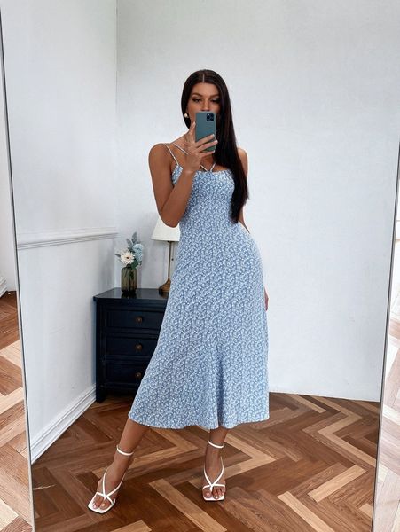 ditsy floral cut out shirred back cami dress d0di#, Black;gray 
ditsy floral cut out shirred back cami dress d0di#, Black;gray