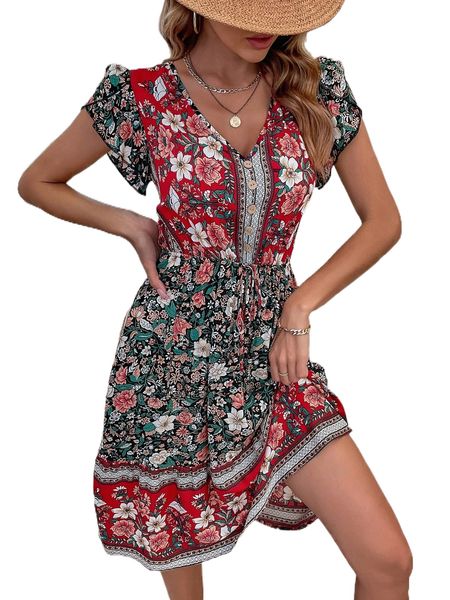 all over floral print button front dress m9xy#, Black;gray