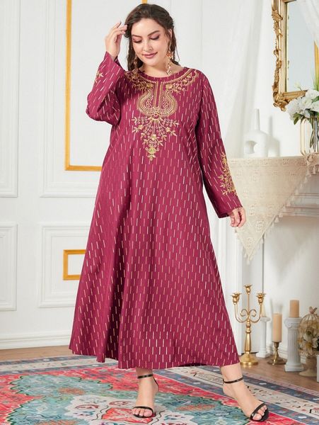 plus gold print floral embroidery tunic dress r1gq#, Black
