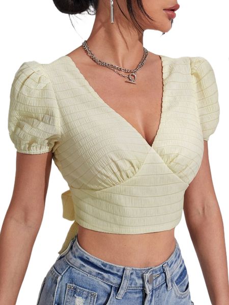 puff sleeve tie back crop blouse 96xk#, White
puff sleeve tie back crop blouse 96xk#, White