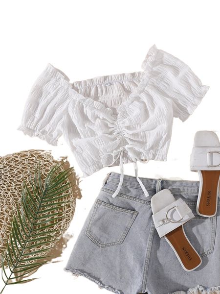 drawstring ruched crop blouse k53d#, White
drawstring ruched crop blouse k53d#, White
