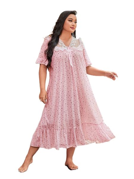 plus star print contrast lace flounce sleeve ruffle hem night dress n8cp#, Black;white
plus star print contrast lace flounce sleeve ruffle hem night dress n8cp#, Black;white