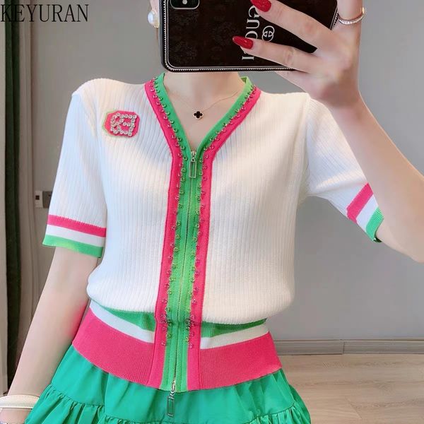 2022 summer new retro short-sleeved v-neck diamonds zipper hit color striped slim knitted sweater cardigan women knitwear, White;black
2022 summer new retro short-sleeved v-neck diamonds zipper hit color striped slim knitted sweater cardigan women knitwear, White;black